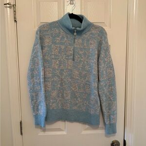 LOFT Women’s wool  Light Blue and Gray Zip-Up snowflake Sweater